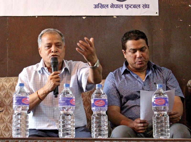 All Nepal Football Association President Narendra Shrestha speaks as CEO Indra Man Tuladhar looks on during a press meet in Lalitpur on Friday. Photo: THT