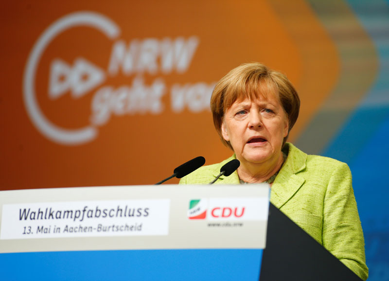German Chancellor Angela Merkel speaks during an election rally in Aachen, Germany, on May 13, 2017. Photo: Reuters