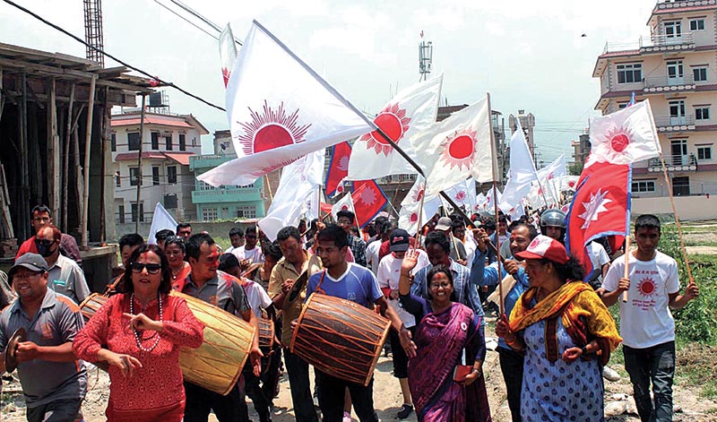 CPN-UML cadres and supporters celebrating the election of Madan Sundar Shrestha as mayor of Madhyapur Thimi Municipality, in Thimi, Bhaktapur, on Monday, May 22, 2017. Photo: RSS