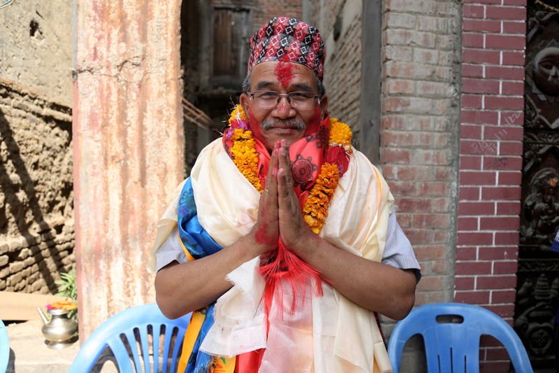 Nepali Congress candidate Chiri Babu Maharjan greets after winning the mayoral post from Lalitpur Metropolitan City, on Wednesday, May 24, 2017. Photo: RSS