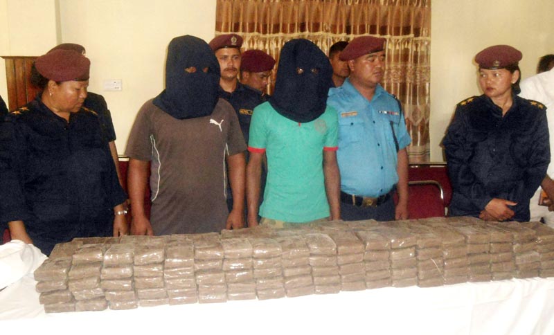 District Police Office, Chitwan makes two suspects public for their alleged involvement in smuggling 126 kg of hashish in Narayangadh of Chitwan on May 3, 2017. Photo: RSS