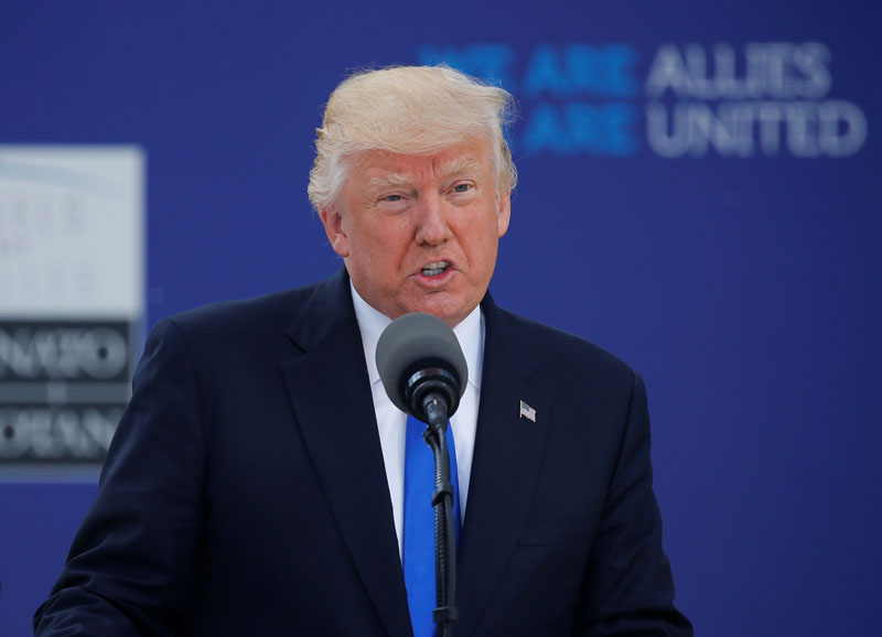 US President Donald Trump speaks at the start of the NATO summit at their new headquarters in Brussels, Belgium, on May 25, 2017. Photo: Reuters