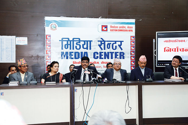Officials of the Election Commission adressing a press meet, in Kathmandu, on Saturday, May 13, 2017.