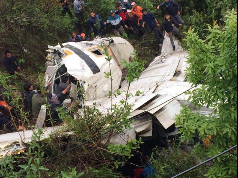 Rescue operation underway at the crash site in Lukla, on Saturday, May 27, 2017. Photo: Pasang Sherpa