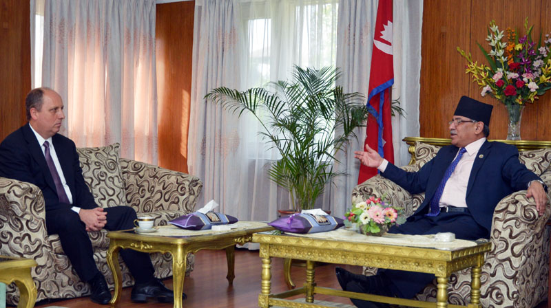 Hungarian Ambassador to Nepal Gyula Petho (left) pays a courtesy call on Prime Minister Pushpa Kamal Dahal at the latter's official residence in Baluwatar, Kathmandu on Friday, May 05, 2017. Photo Courtesy: PM's Secretariat