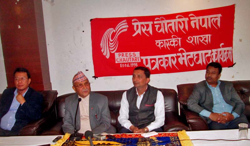 CPN-UML Chair KP Sharma Oli speaking at a press meet in Pokhara, on Sunday. Photo: THT