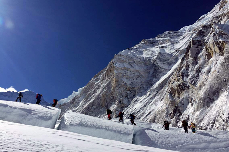 In this undated photo, climbers head to a higher camp on Mt Lhotse. Photo Courtesy: Nima Tenzi Sherpa