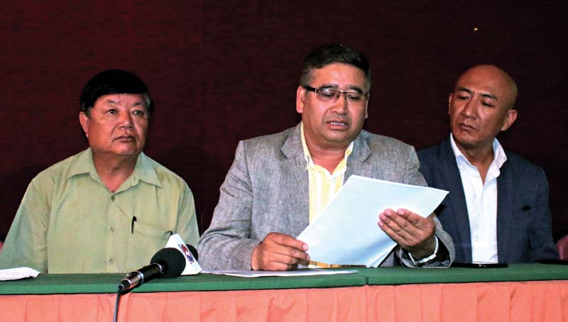 NOC President Jeevan Ram Shrestha (centre) speaks at a press meet in Kathmandu on Monday. Photo: THT