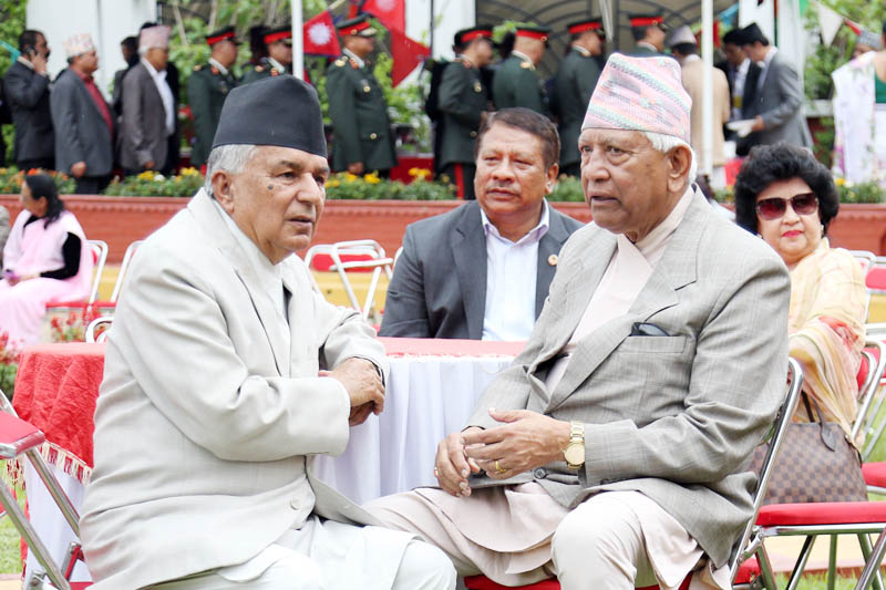 Nepali Congress leaders chit chat during a tea reception party oragnised by the President Bidya Devi Bhandari on the occasion of Republic Day at Sheetal Niwas in Kathmandu, on Sunday, May 28, 2017. Photo: RSS