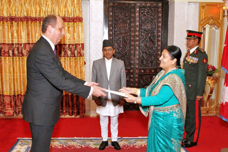 Non-residential ambassador of Hungary to Nepal Gyula petho submits his letter of credence to the President Bidya Devi Bhandari at Sheetal Niwas in Kathmandu, on Wednesday, May 3, 2017. Courtesy: President's Office