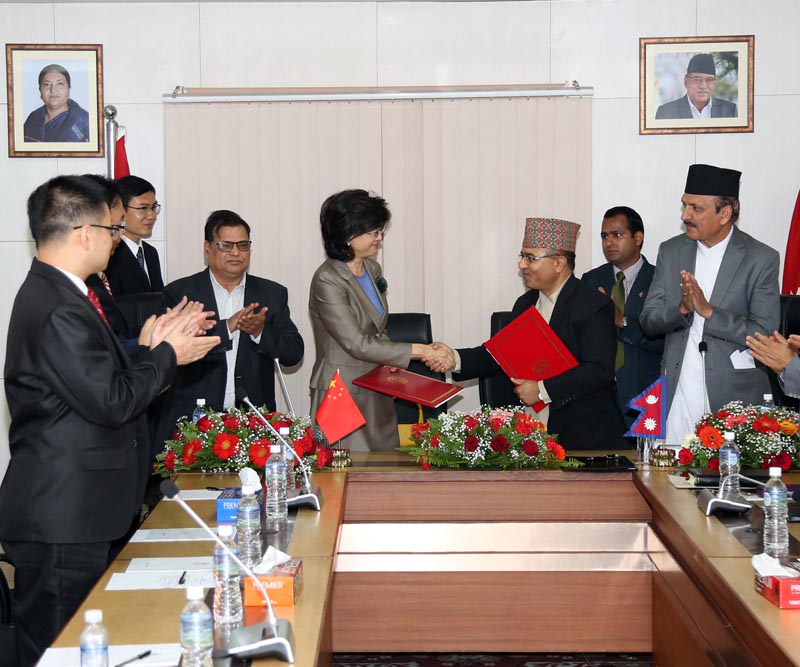 Foreign Secretary Shanker Das Bairagi and Chinese Ambassador to Nepal Yu Hong signed the memorandum of understanding  on the 'One Belt, One Road' amidst a programme at the Ministry of Foreign Affairs in Kathmandu on Friday, May 12, 2017.Deputy Prime Minister and Minister for Finance Krishna Bahadur Mahara and  Minister for Foreign Affairs Prakash Sharan Mahat were also present on the occasion. Photo: RSS