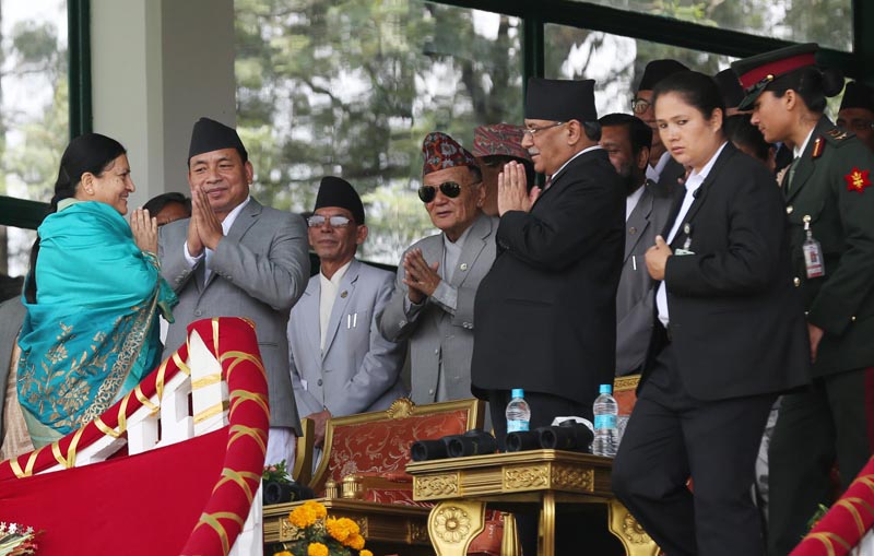 Prime Minister Pushpa Kamal Dahal greets President Bidya Devi Bhandari at a function orgaised to mark the 10th Republic Day of Nepal in Tundikhel, Kathmandu, on Monday, May 29, 2017. Photo: Rajesh Gurung