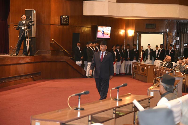 Prime Minister Pushpa Kamal Dahal going to table the government's policy and programmes, which had been unveiled by President Bidya Devi Bhandari on May 25, at the House on May 27, 2017.