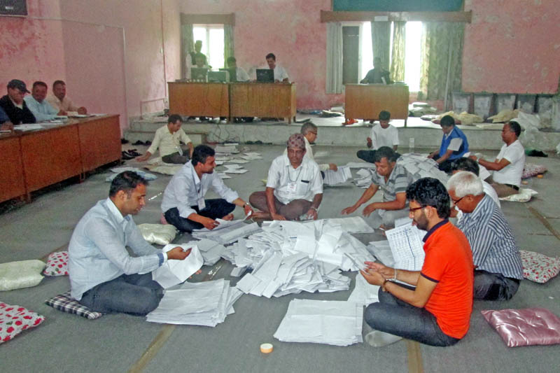 Officials from Election Commission count votes a day after the local elections on municipalities and village representatives in Pokhara, on Monday, May 15, 2017. Photo: Rishi Ram Baral