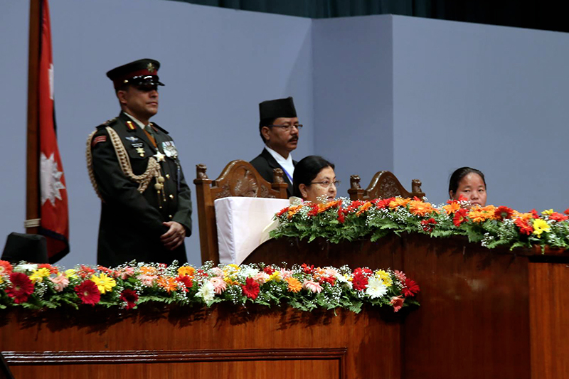 President Bidya Devi Bhandari presents the government's policy and programmes for the fiscal year 2017/18 at the Legislature-Parliament in Kathmandu, on Thursday, May 25, 2017. Photo: RSS
