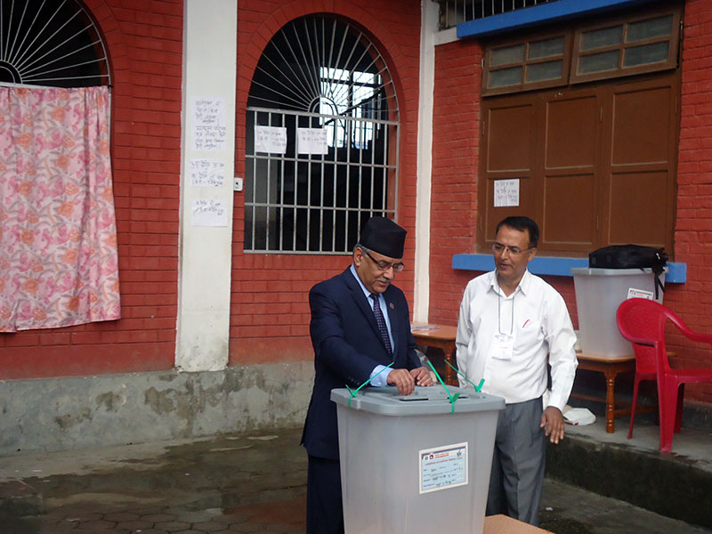 Prime Minister Pushpa Kamal Dahal casts his vote at the election booth in Laxmi Secondary School at Lanku of Bharatpur Metropolitan City in Chitwan district on Sunday, May 14, 2016. Photo: Tilak Ram Rimal