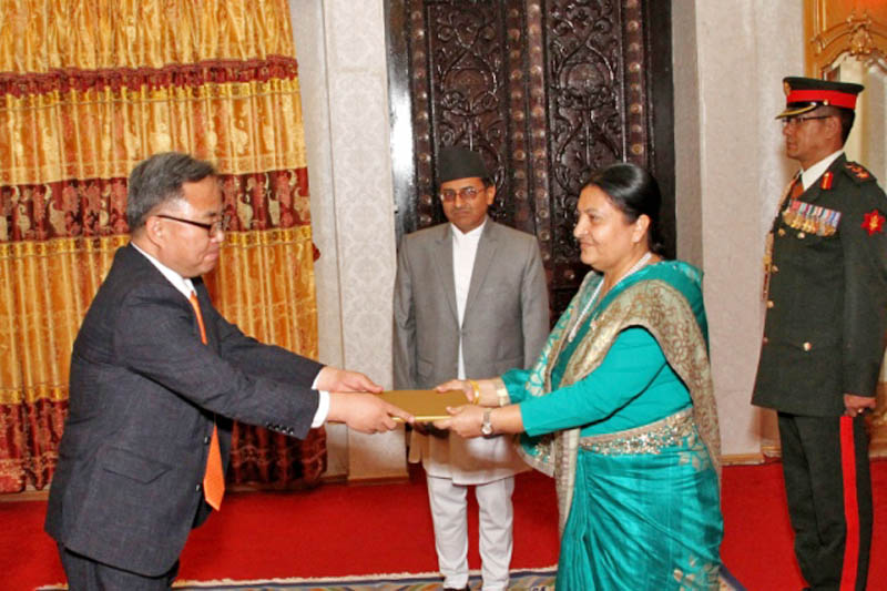 Residential ambassador of Thailand to Nepal Bhakavat Tanshul submits his letter of credence to President Bidya Devi Bhandari at Sheetal Niwas in Kathmandu, on Wednesday, May 3, 2017. Courtesy: President's Office