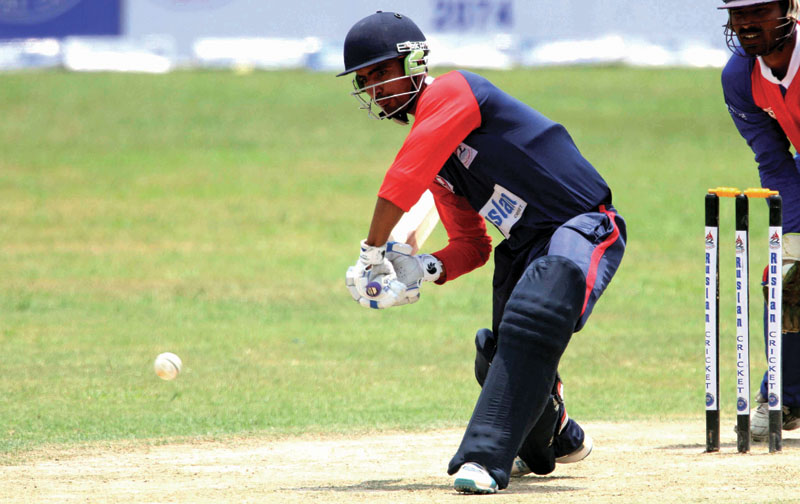 Sunil Dhamala of Nepal Police Club bats against Eastern Region during their first Prime Minister Cup One-day National Menu0092s Cricket Tournament match at the Tribhuvan University Stadium in Kathmandu on Thursday, May 25, 2017. Photo: Udipt Singh Chhetry/ THT