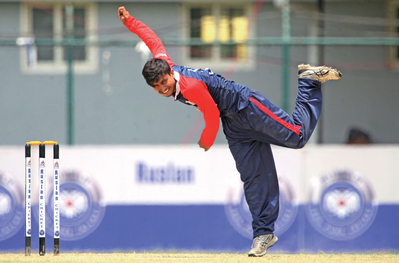 Sushil Kandel of Nepal Police Club bowls against Far-western Development Region during their first Prime Minister Cup One-day National Menu0092s Cricket Tournament match at the Tribhuvan University Stadium in Kathmandu on Wednesday, May 14, 2017. Photo: Udipt Singh Chhetry/ THT