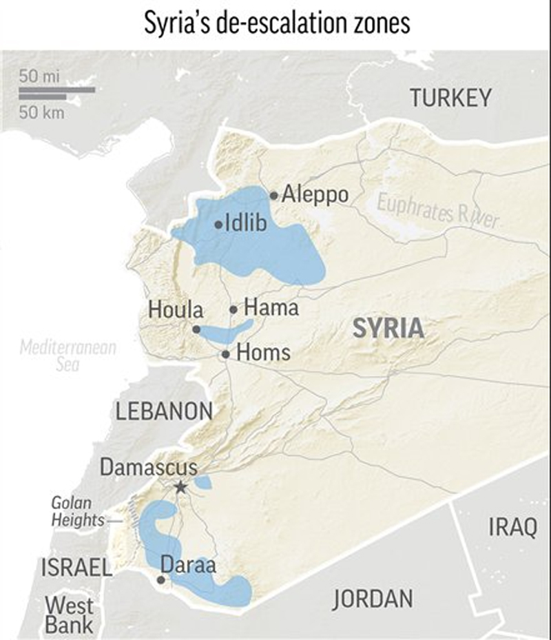 Map locates the four Russian-proposed safe zones across Syria. Courtesy: AP