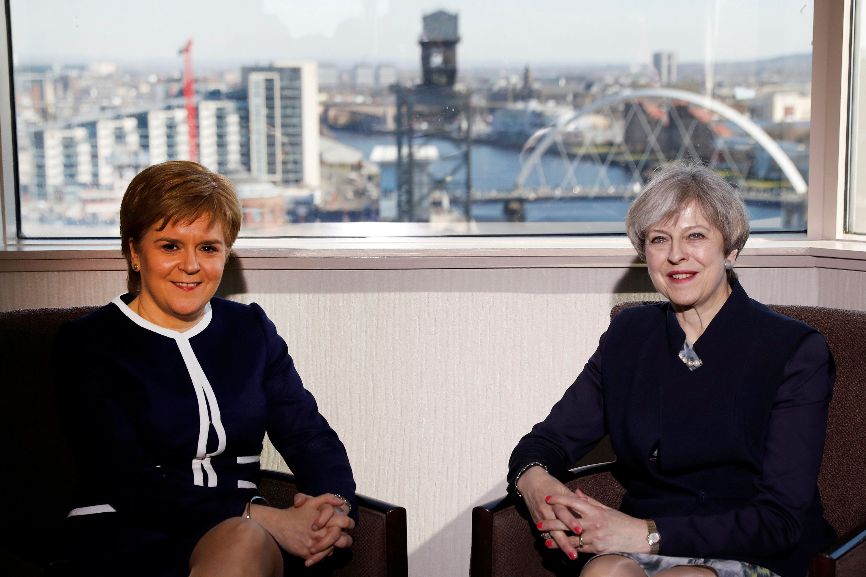Britain's Prime Minister Theresa May and Scotland's First Minister Nicola Sturgeon meet in a hotel in Glasgow, Scotland, on March 27, 2017. Photo: Reuters