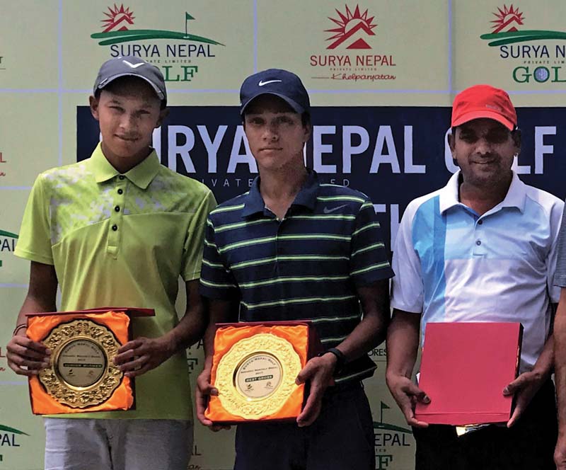 (From left) Arnav Shah, Prithivi Malla and Rabindra Tiwari hold their trophies after the Surya Nepal Gokarna Monthly Medal Golf Tournament at the Gokarna Golf Club in Kathmandu on Saturday. Photo Courtesy: Gokarna Golf Club