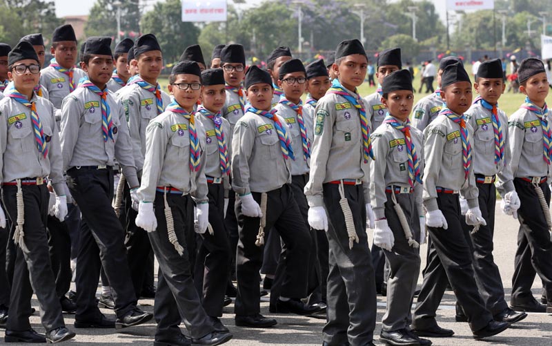 Nepal Scout march past at an event orgaised to mark the 10th Republic Day of Nepal in Tundikhel, Kathmandu, on Monday, May 29, 2017. Photo: Rajesh Gurung