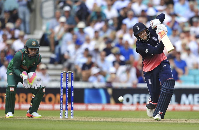England's Joe Root plays a shot during the ICC Champions Trophy cricket match between England and Bangladesh, at the Oval cricket ground, in London, on Thursday June 1, 2017. Photo: John Walton/PA via AP