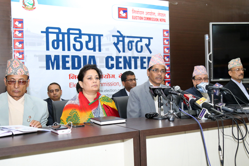 Chief Election Commissioner Ayodhee Prasad Yadav informs media persons about the preparation of second phase of local level elections, in Kathmandu, on Tuesday, June 27, 2017. Photo: RSS