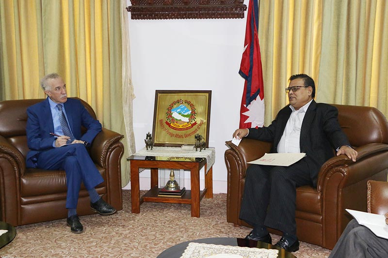 Algerian envoy to Nepal Hamza Yahia-Cherif meeting Deputy Prime Minister Krishna Bahadur Mahara, in Kathmandu, on Friday, June 23, 2017. Photo: RSS