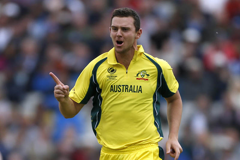 Australia's Josh Hazlewood celebrates taking the wicket. Photo: Reuters