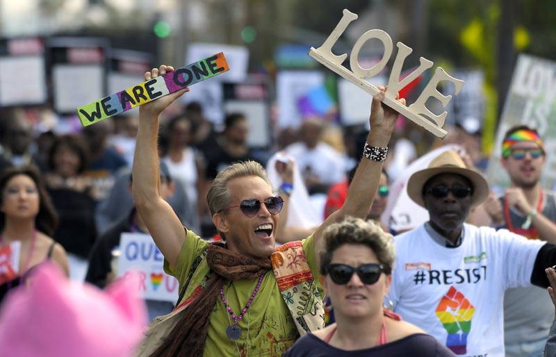 Marchers celebrate during the Los Angeles LGBTQ #ResistMarch,  in West Hollywood, Califorinia, on Sunday, June 11, 2017. Photo: AP