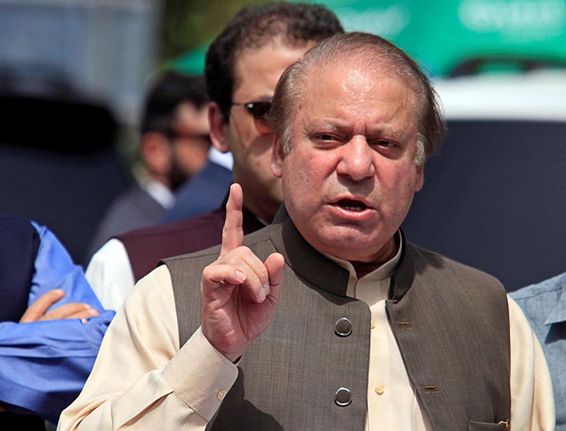 Pakistan's Prime Minister Nawaz Sharif gestures as he speaks to media after appearing before a Joint Investigation Team (JIT) in Islamabad, Pakistan June 15, 2017. Photo: Reuters