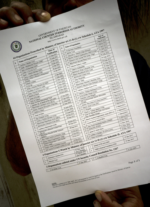 In this Wednesday, May 31, 2017 photo, a Pakistani official shows a list of banned organizations, issued by the National Counter Terrorism Authority (NACTA), in Islamabad, Pakistan. Photo: AP