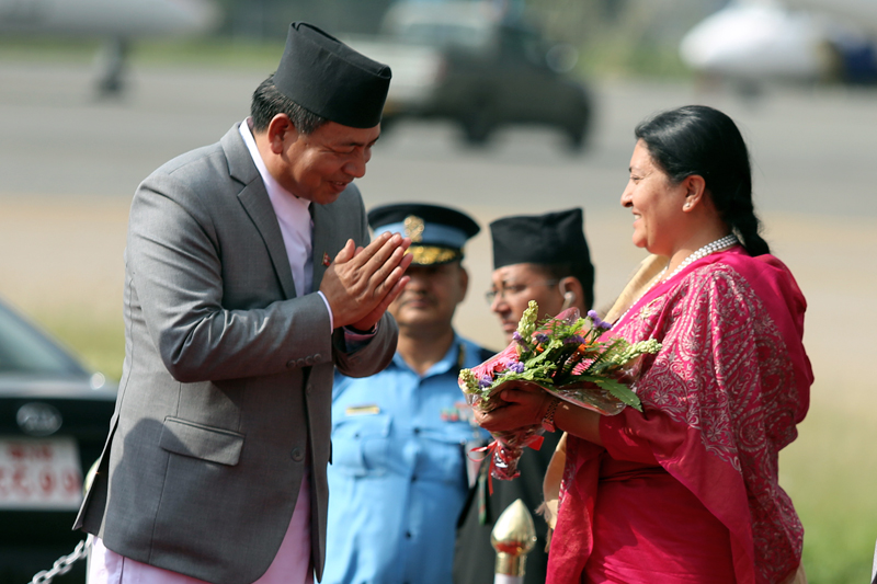 President Bidya Devi Bhandari being welcomed by the Vice-President Nanda Bahadur Pun at the Tribhuvan International Airport, in Kathmandu, on Sunday, June 18, 2017. Photo: RSS