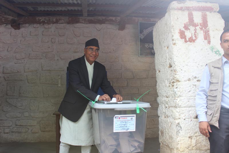Prime Minister Sher Bahadur Deuba casting his vote in second phase of locel level elelctions at the polling station in Asigram Higher Secondary School at Ruwakhola, Ganyapdhura Rural Municipaltiy-1 in Dadeldhura district on Wednesday, June 28, 2017. Photo: Baburam Shrestha/THT