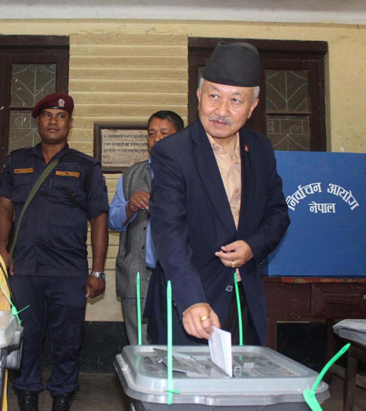 Deputy Parliamentary Party leader of CPN-UML Subash Nembang casts his vote at Balmandir Pre-primary school-based polling centre in Ilam Municipality-7 in Ilam on June 28, 2017. Photo: RSS