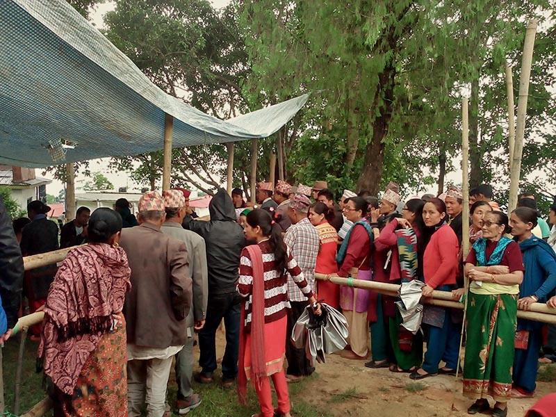 Voters wait their turn to cast votes in the polling centre at Balmandir in Bhojpur Municipality-9, of Bhojpur district, on Wednesday, June 28, 2017. Photo: Niroj Koirala