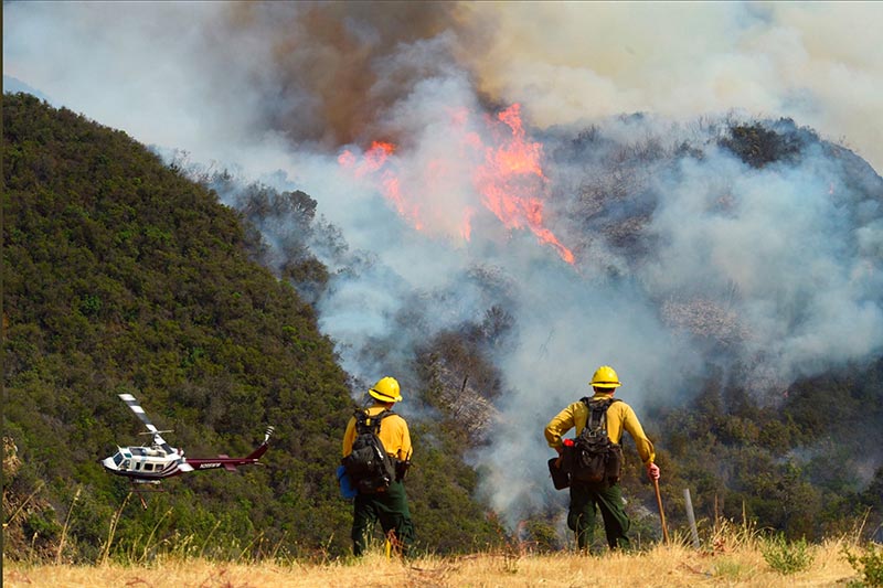Los Padres National Forest firefighters watch as helicopters work on the northeast flank of the Whittier fire near Hot Spring Canyon outside Cachuma Lake, California, US, on July 11, 2017. Photo: Mike Eliason/Santa Barbara County Fire/Handout via Reuters