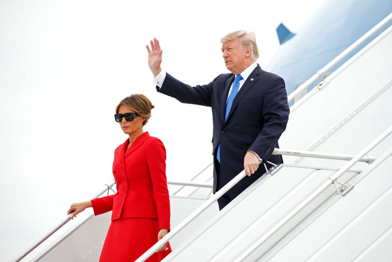 US President Donald Trump and First Lady Melania Trump arrive aboard Air Force One at Orly airport near Paris, France, on July 13, 2017. Photo: Reuters