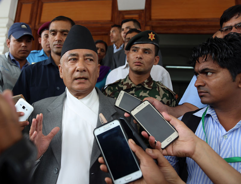 Finance Minister Gyanendra Bahadur Karki responding to mediapersons about the cabinet meeting, in Singha Durbar, Kathmandu on July 10, 2017. Photo: RSS