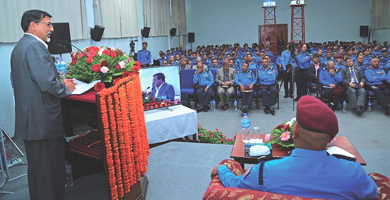 Minister for Home Affairs Janardan Sharma addressing a function organised at Nepal Police Headquarters in Naxal, Kathmandu, on Sunday, July 16, 2017. Photo: RSS