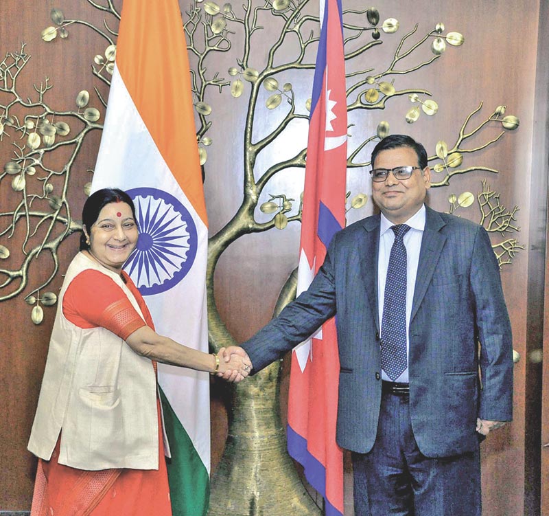Deputy Prime Minister and Minister of Foreign Affairs Krishna Bahadur Mahara shaking hands with nIndiau2019s Minister of External Affairs Sushma Swaraj, in New Delhi, on Monday, July 3, 2017. Photo: THT