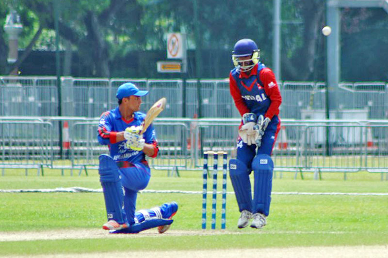 Afghanistan's batsman plays a shot against Nepal during ICC Asia U-19s World Cup Qualifier in Singapore, on Thursday, July 20, 2017. Photo: RSS