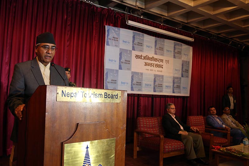 Prime Minister Sher Bahadur Deuba speaking at the launch of a book entitled u2018Press Freedom in Nepalu2019 by Mahendra Bista, president of Federation of Nepalese Journalists, in the Capital on July 6, 2017. Photo: RSS