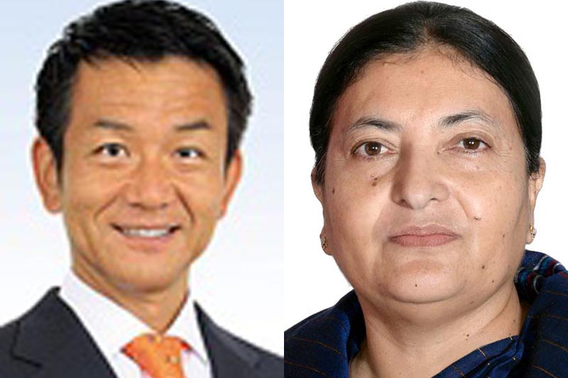 Nepali President Bidya Devi Bhandari and Parliamentary Vice-Minister for Foreign Affairs of Japan, Kiyoshi Odawara.