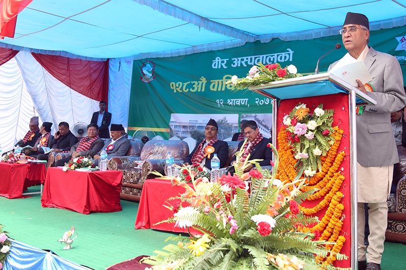 Prime Minister Sher Bahadur Deuba addressing a function organised to mark 128th anniversary of Bir Hospital, in Kathmandu, on Thursday, July 27, 2017. Photo: RSS