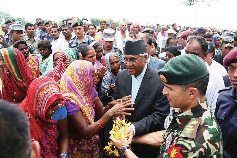Prime Minister Sher Bahadur Deuba visiting flood victims in Tirhut Rural Municipality, Saptari, on Friday, July 07, 2017. Photo: RSS