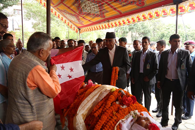 Prime Minister and Nepali Congress President Sher Bahadur Deuba and NC senior leader Ram Chandra Paudel paying tribute to Ramhari Joshi who passed away on Thursday, at party office Sanepa on July 14, 2017. PhotoRSS