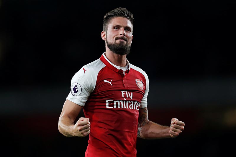 Arsenal's Olivier Giroud celebrates after the Premier League match between Arsenal and Leicester City, in London, Britain, on August 11, 2017. Photo: Action Images via Reuters/Paul Childs